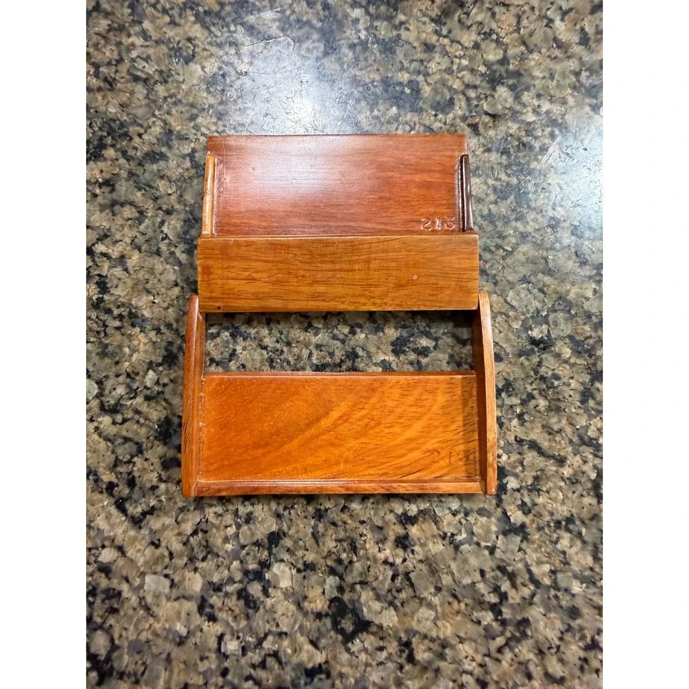 Vintage Wood Mother of Pearl Inlay Business Card Holder Case‎ Tropical Palm Tree